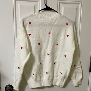 SHEIN White Sweater with Red Heart Details